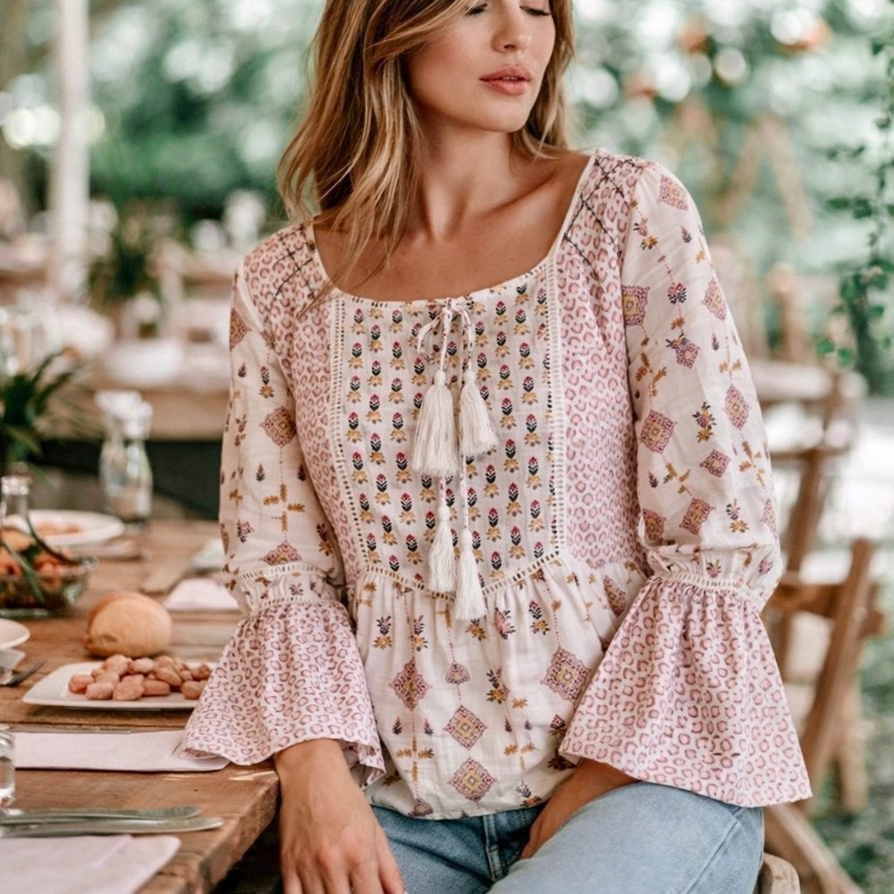 Mixed Floral Bohemian Peasant Blouse Bell sleeves Tassel Neck Tie Tunic XS